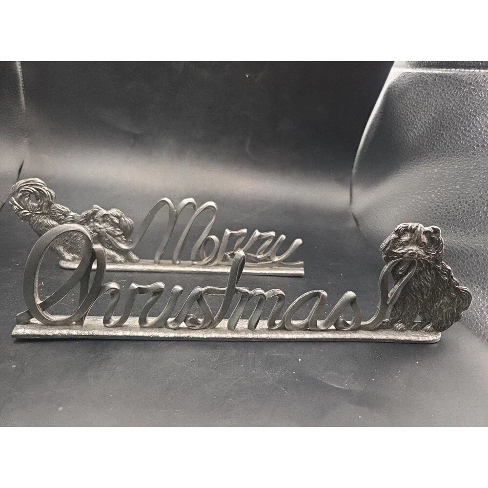 Metzke Pewter Vintage 2 Piece Merry Christmas Dogs Pulling Ribbon for Mantle